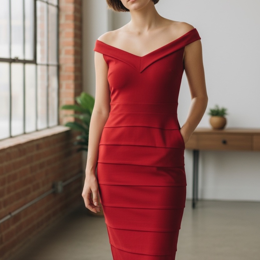 WHBM Off-Shoulder Red Sheath Dress Bodycon Midi Dress Size 6 Bandage Stretch